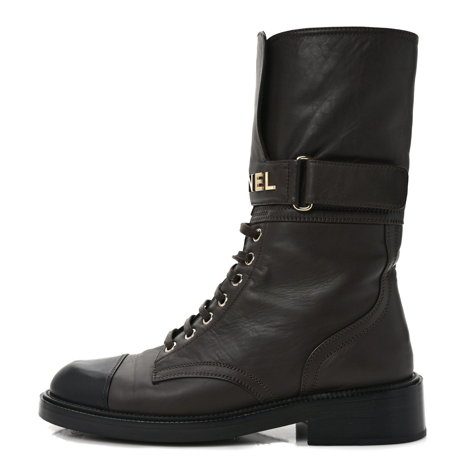Chanel Shiny Calfskin Lace Up Combat Boots 39 Dark Brown Black 1 of 8