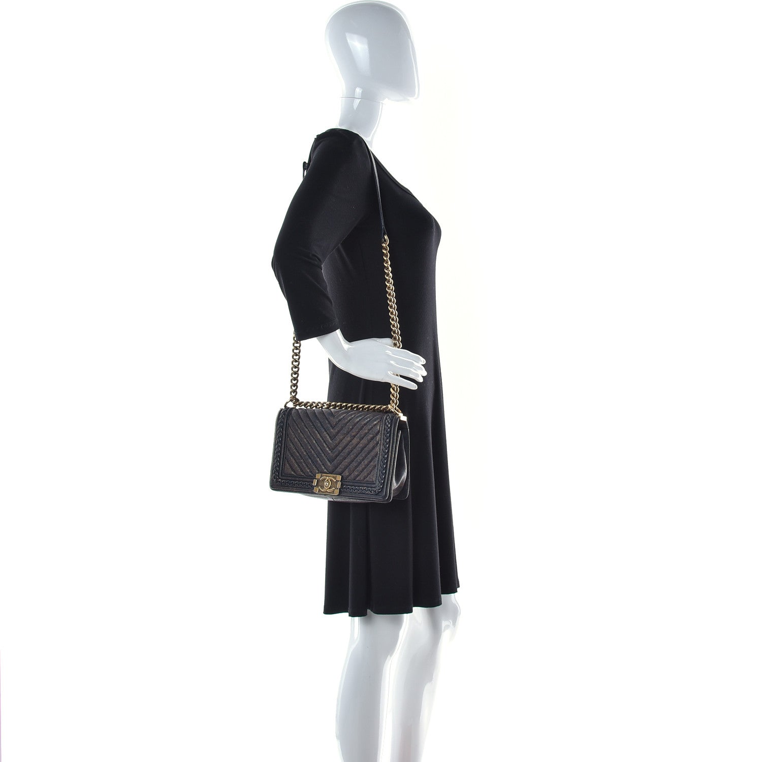 Chanel Patinated Caviar Chevron Braided Medium Boy Flap Navy Blue 2 of 10