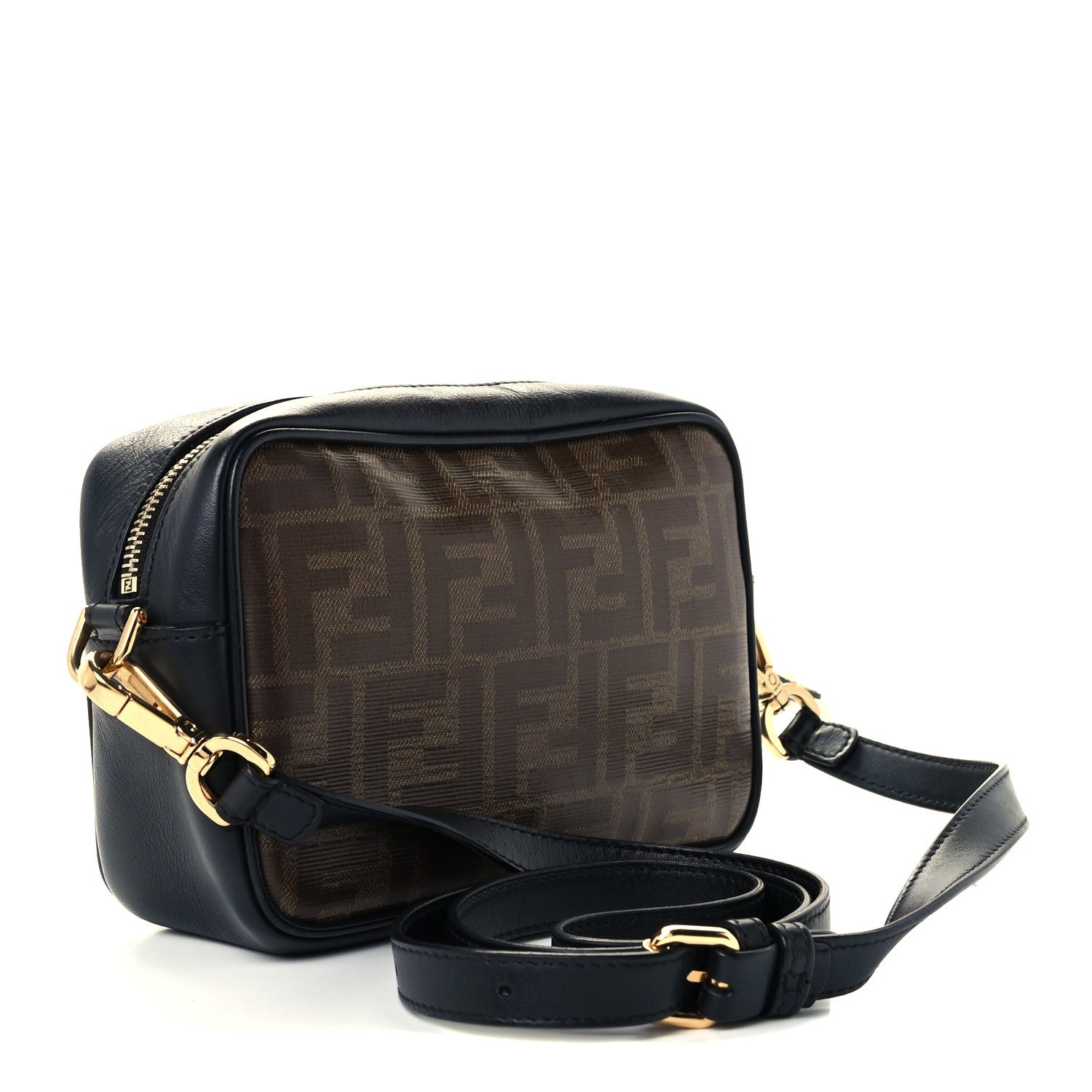 Fendi Glazed Fabric Vitello Century FF 1974 Stamp Patch Mini Camera Case Mogano Panna Black 3 of 12