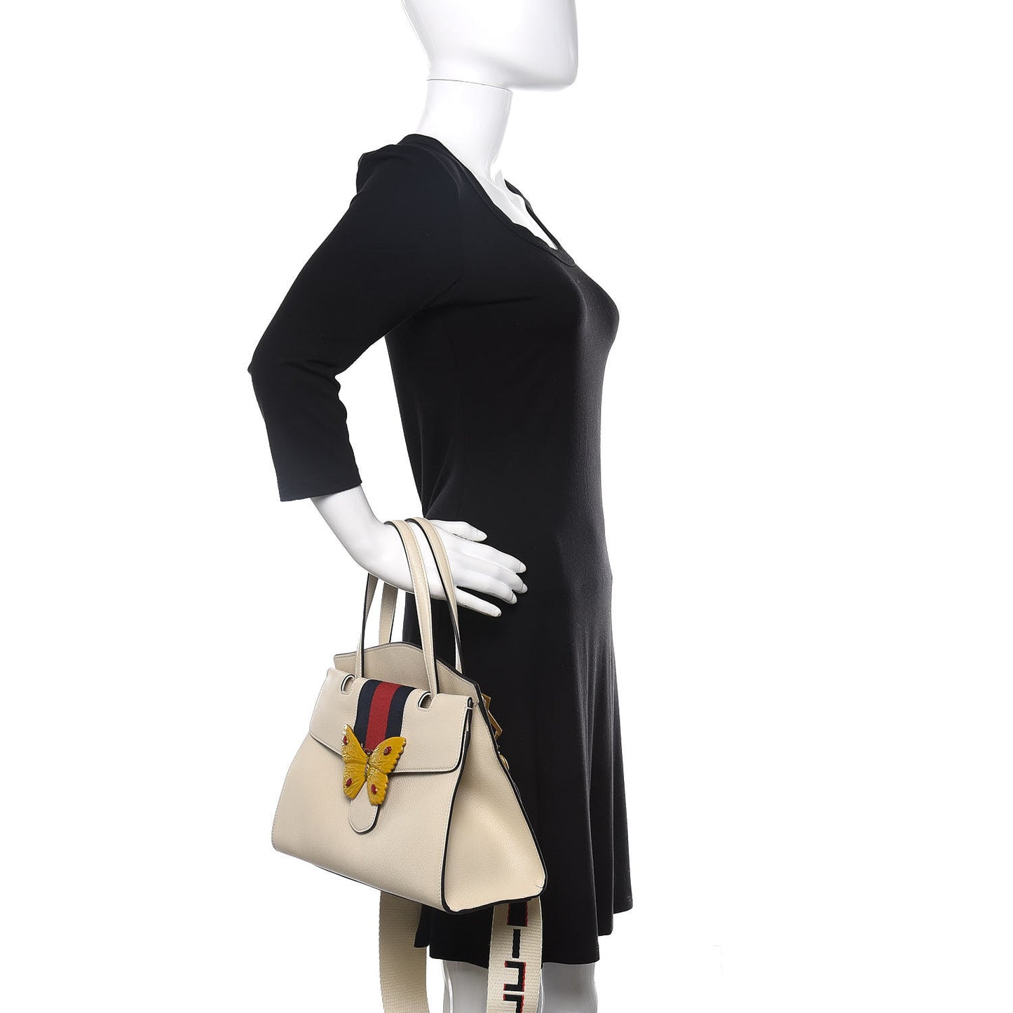 Grained Calfskin Web Stripe Butterfly Medium Totem Top Handle Bag White