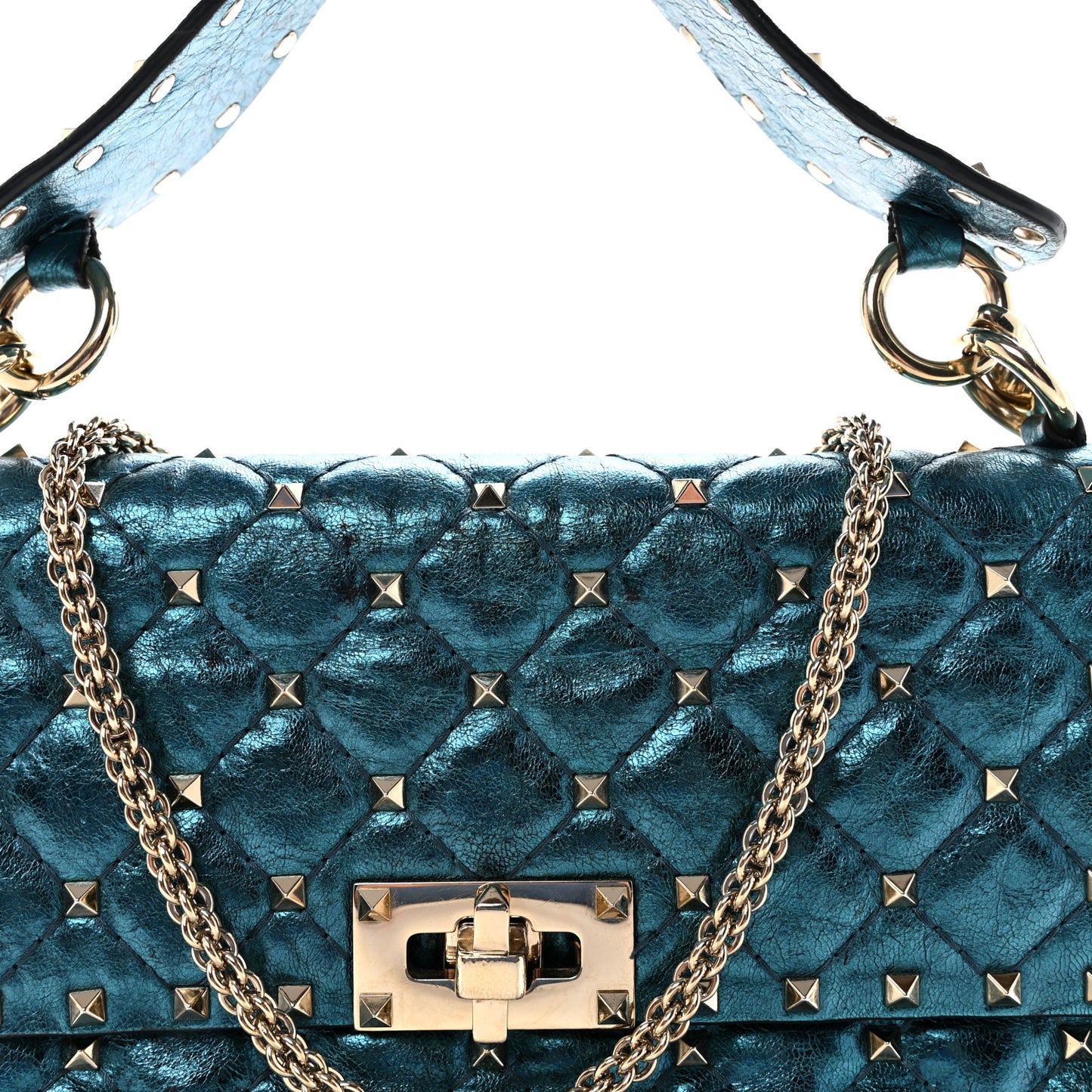 Metallic Wrinkled Lambskin Medium Rockstud Spike Shoulder Bag Peacock