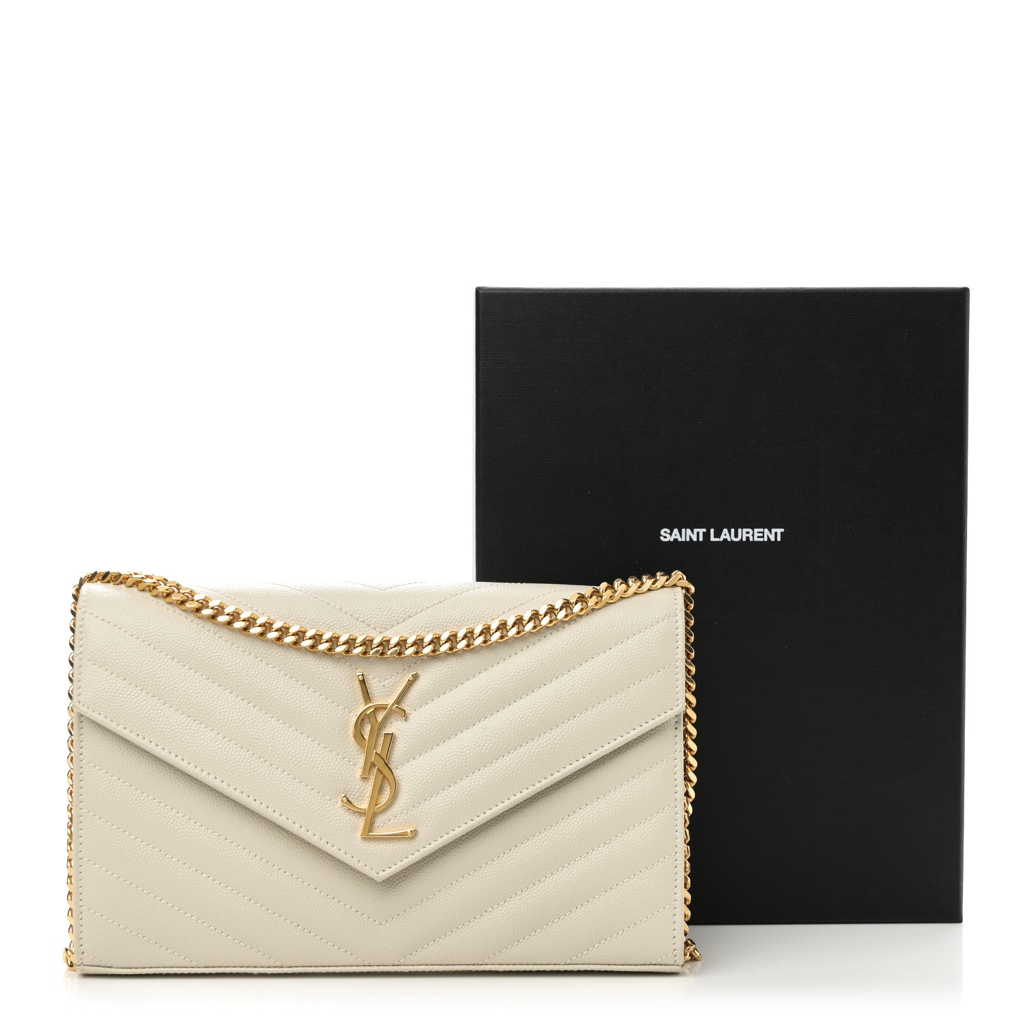 Saint Laurent Grain De Poudre Matelasse Chevron Monogram Chain Wallet Crema Soft 10 of 10