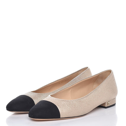Chanel Metallic Goatskin Grosgrain Cap Toe Ballerina Flats 37 Gold Black 3 of 12