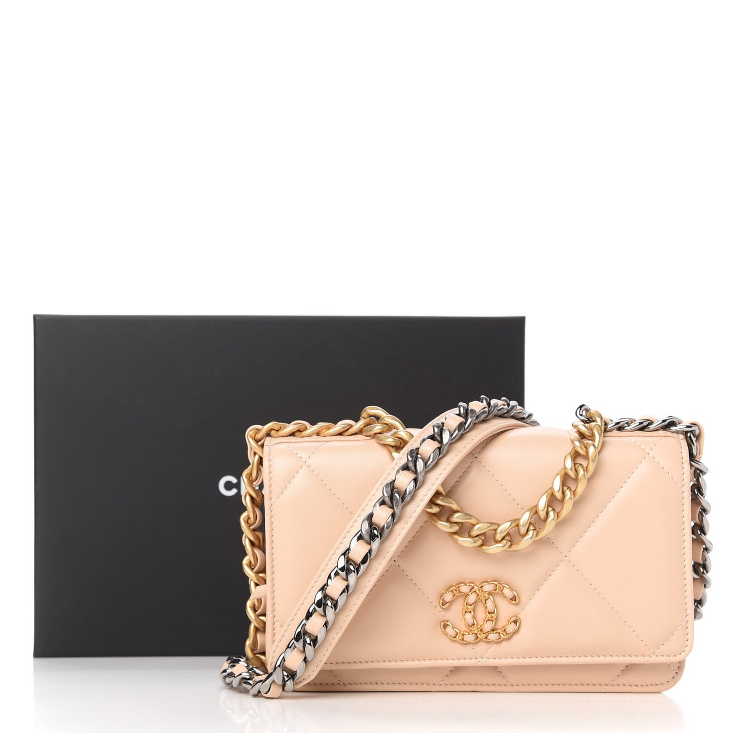Lambskin Quilted Chanel 19 Wallet On Chain WOC Beige