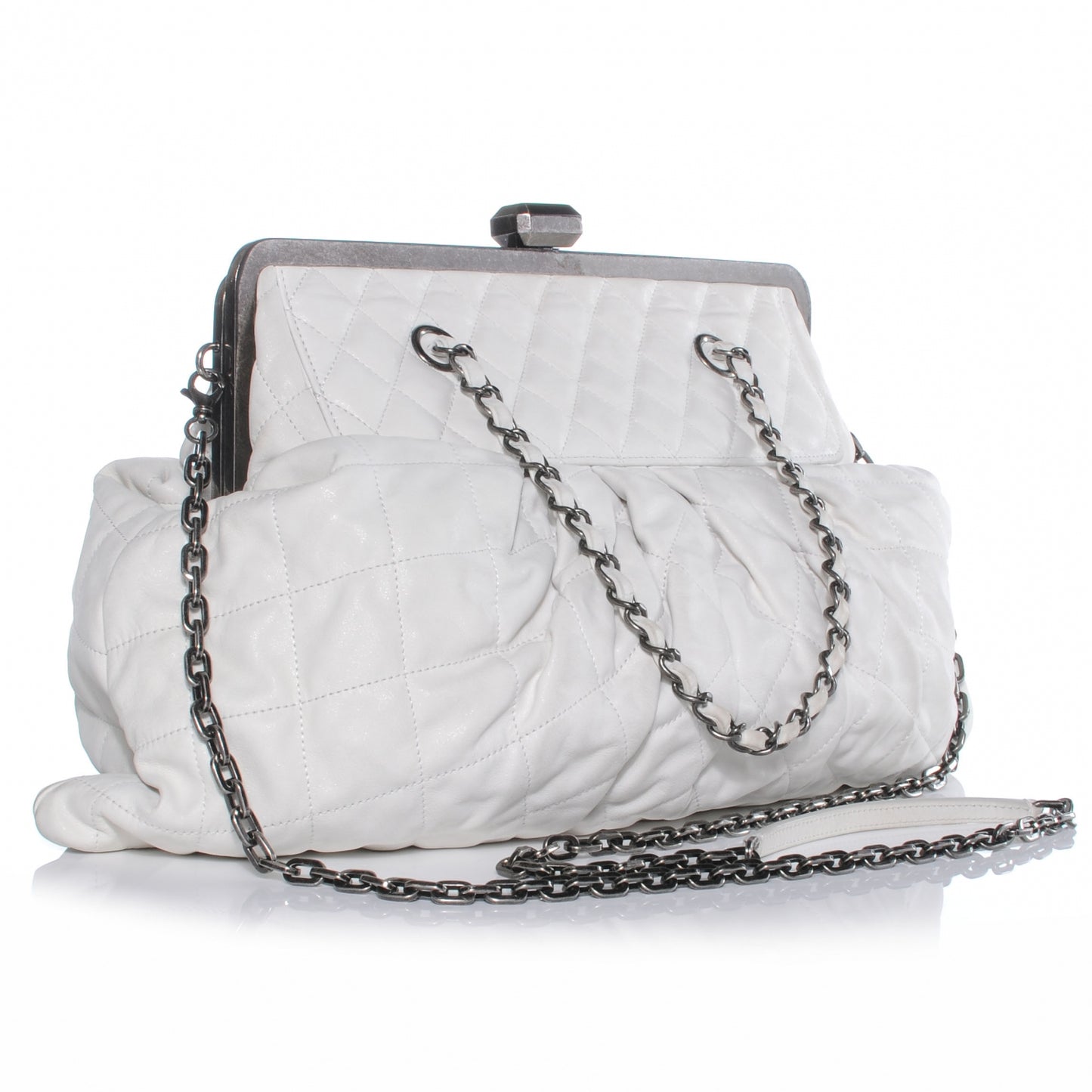Iridescent Calfskin Chic Quilt Frame Tote White