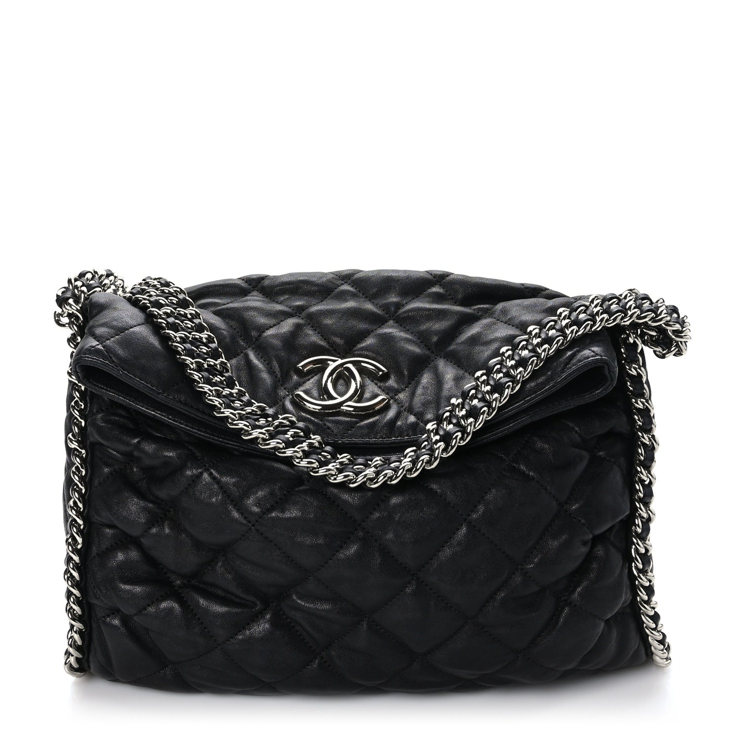 Washed Lambskin Chain Around Hobo Black