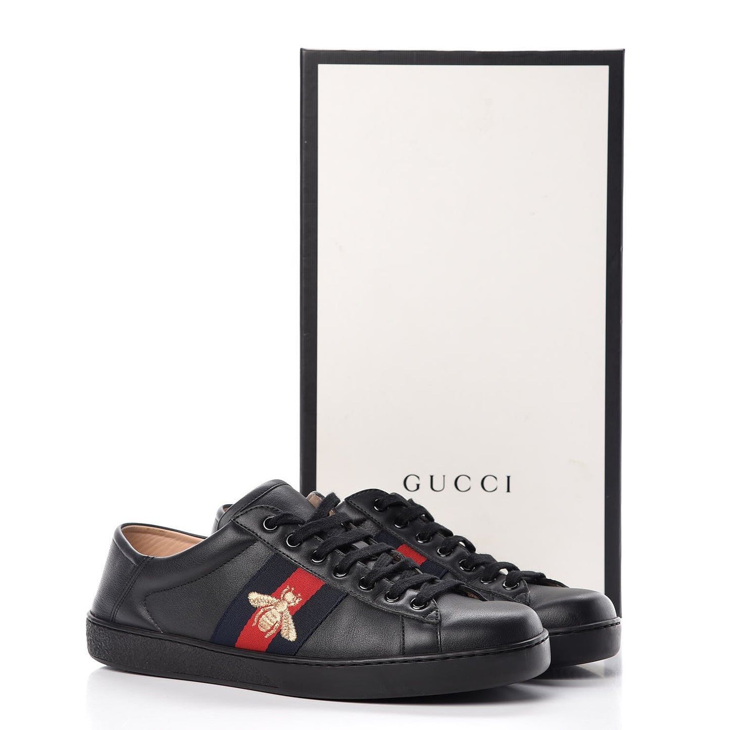 Calfskin Web Bee Embroidered Mens Ace Sneakers 7.5 Black
