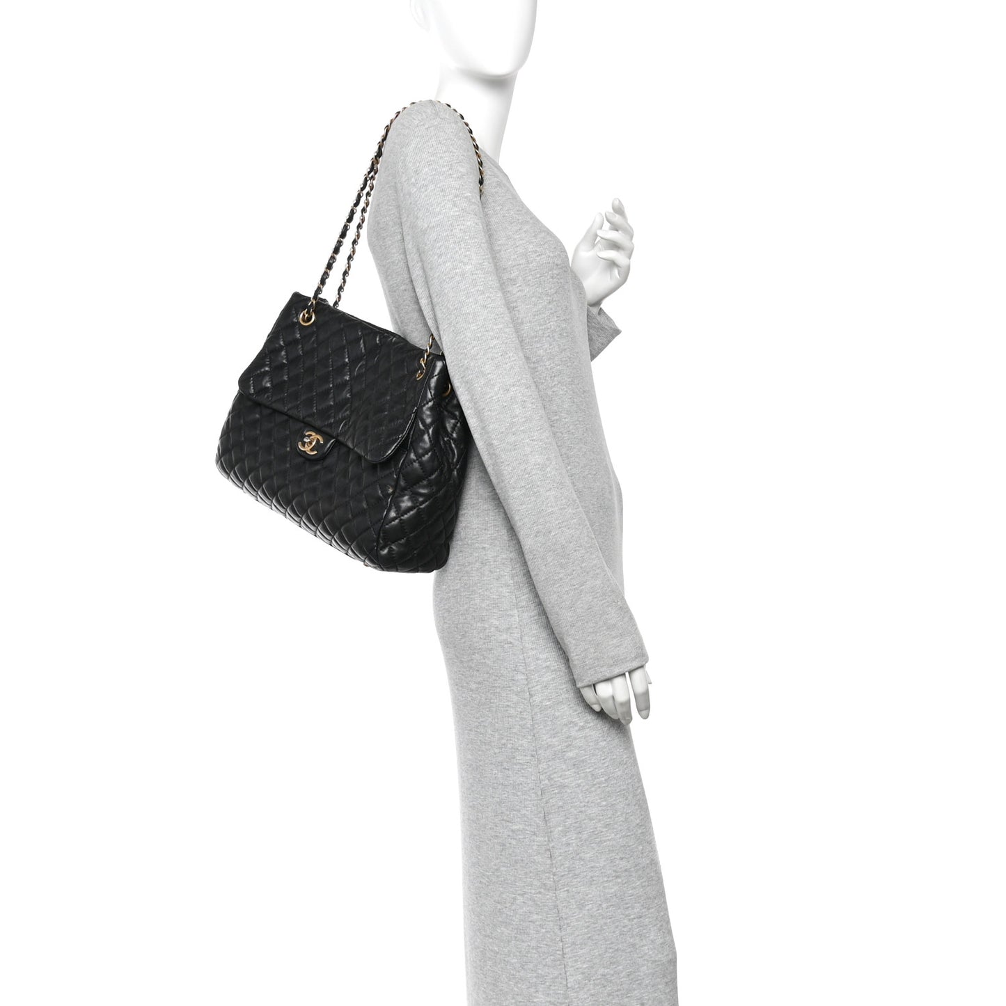 Lambskin Quilted Large Fluffy CC Shopping Tote Black