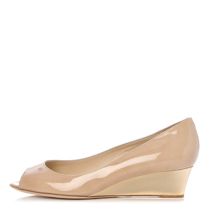 Jimmy Choo Patent Bergen Peep Toe Low Wedge Pumps 38.5 Beige 1 of 12