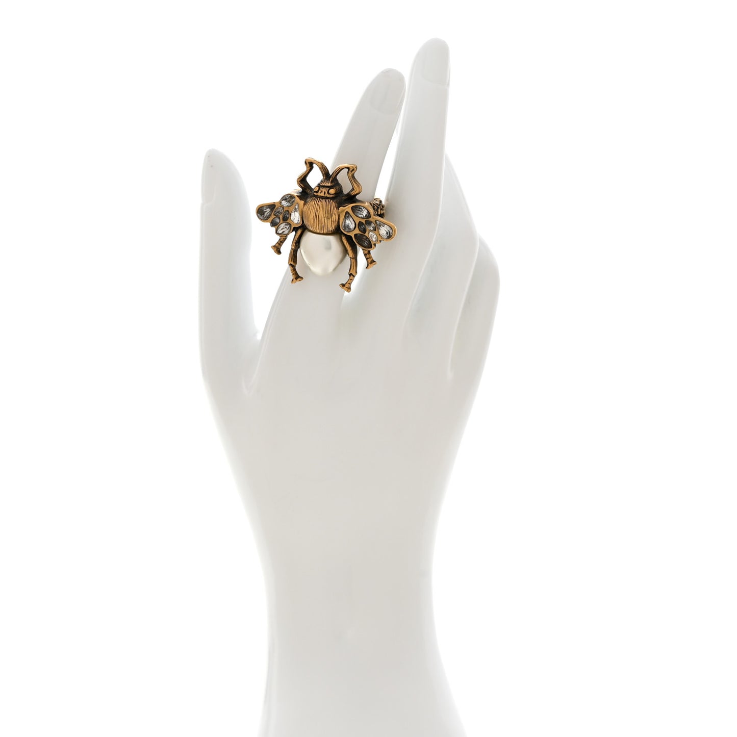 Metal Crystal Pearl Bee Ring M 56 7.5 Aged Gold