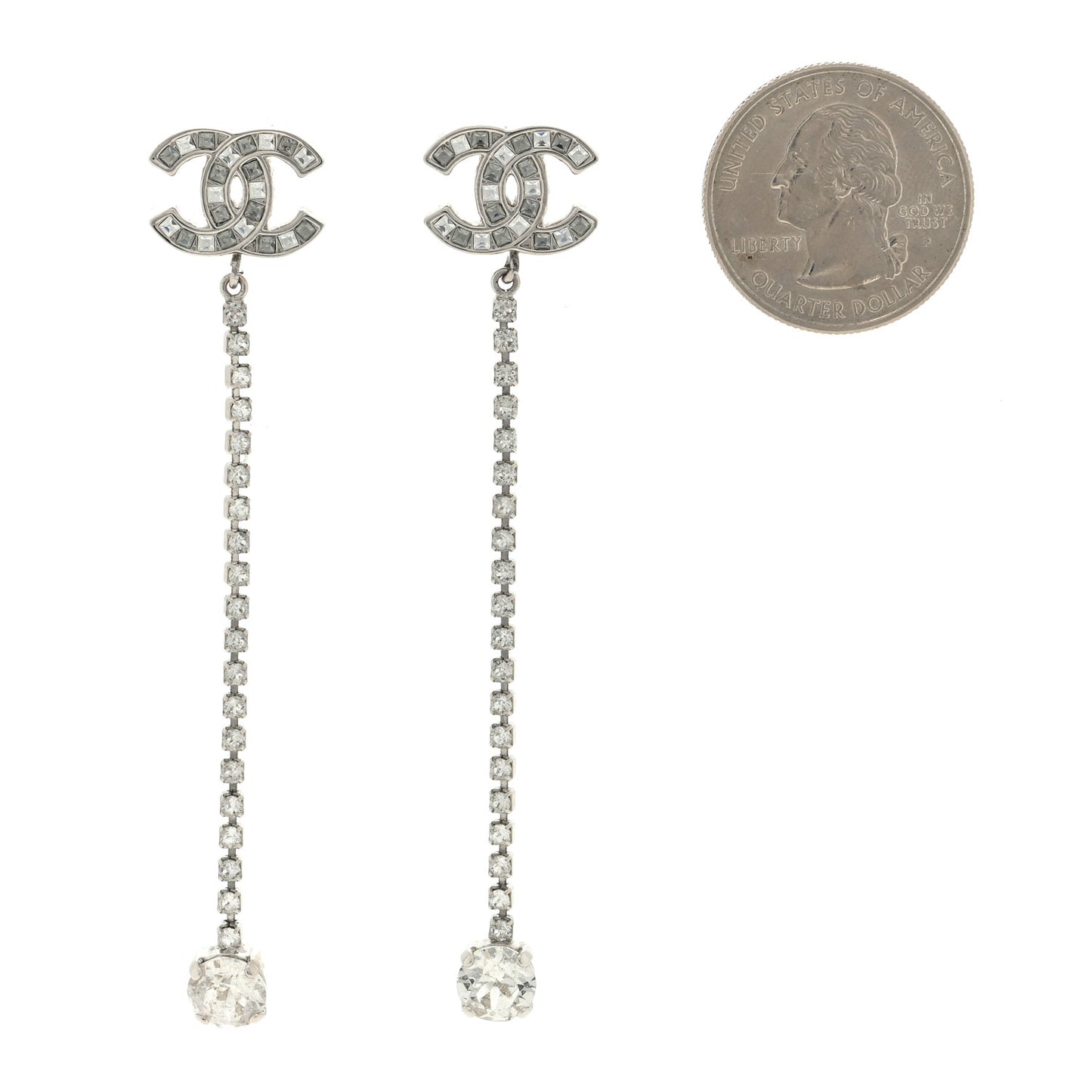 Metal Baguette Round Crystal CC Drop Long Earrings Silver