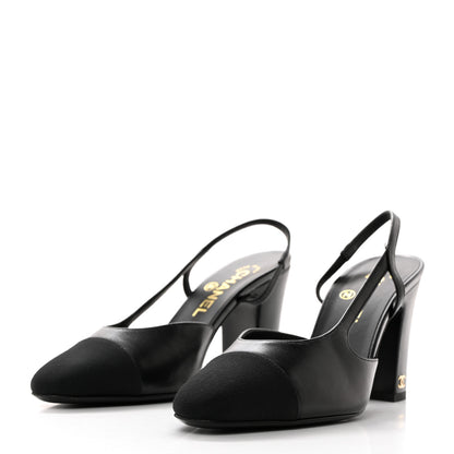 Chanel Lambskin Grosgrain Cap Toe CC Slingback Pumps 37 Black 3 of 9