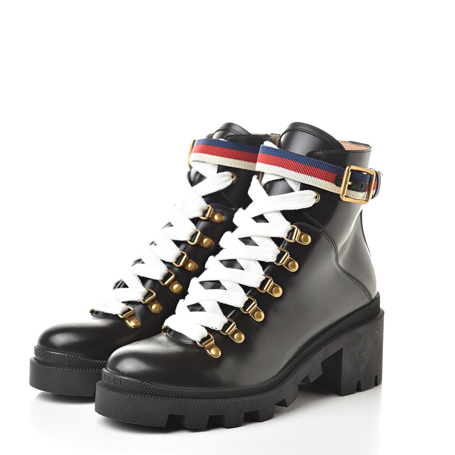 Gucci Calfskin Womens Sylvie Web Lace Up Combat Boots 37 Black 3 of 10