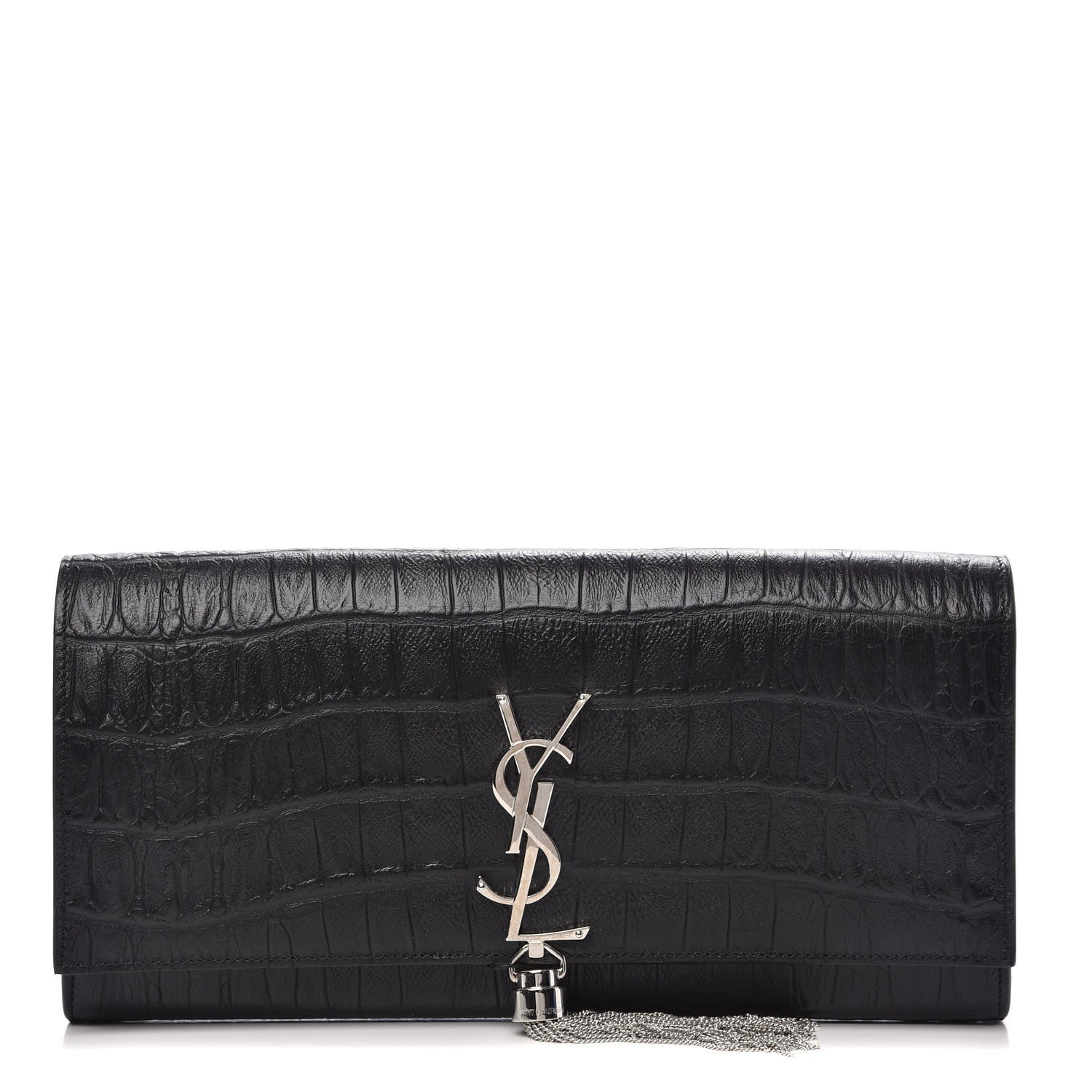Saint Laurent Calfskin Crocodile Embossed Classic Monogram Tassel Clutch Black 1 of 11