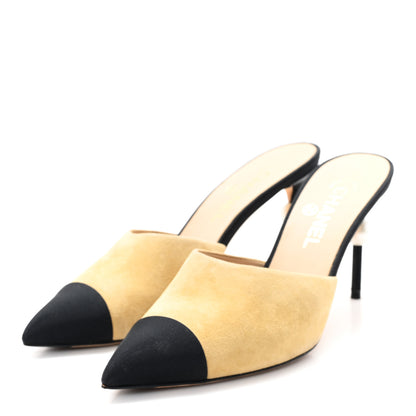 Chanel Suede Grosgrain Cap Toe CC Mules 40 Beige Black 4 of 9