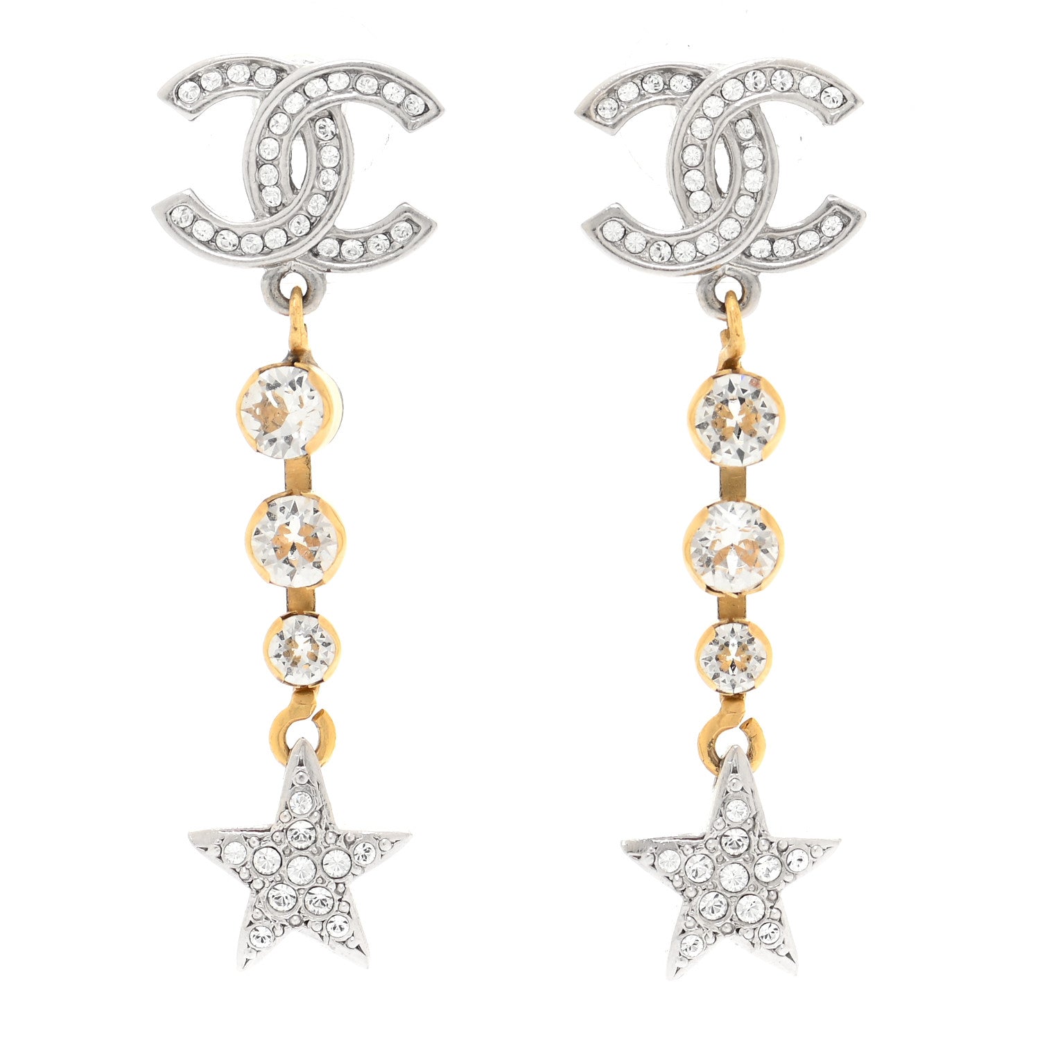 Chanel Crystal Star Drop CC Earrings Silver Gold 1 of 5