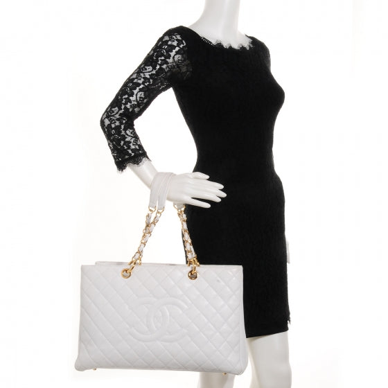 Caviar Quilted XL Grand Shopping Tote GST White