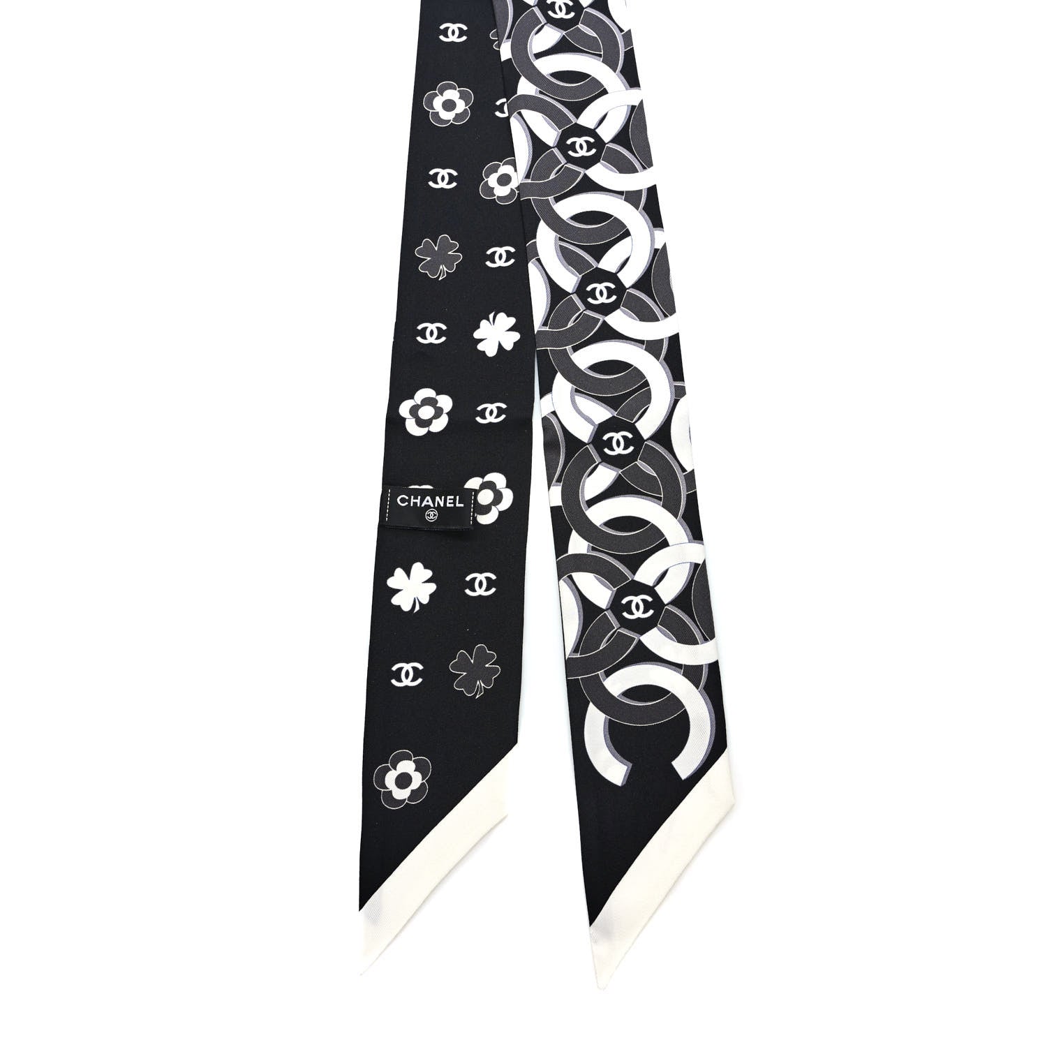 Chanel Silk Clover CC Slim Bandeau Scarf Black White 2 of 4