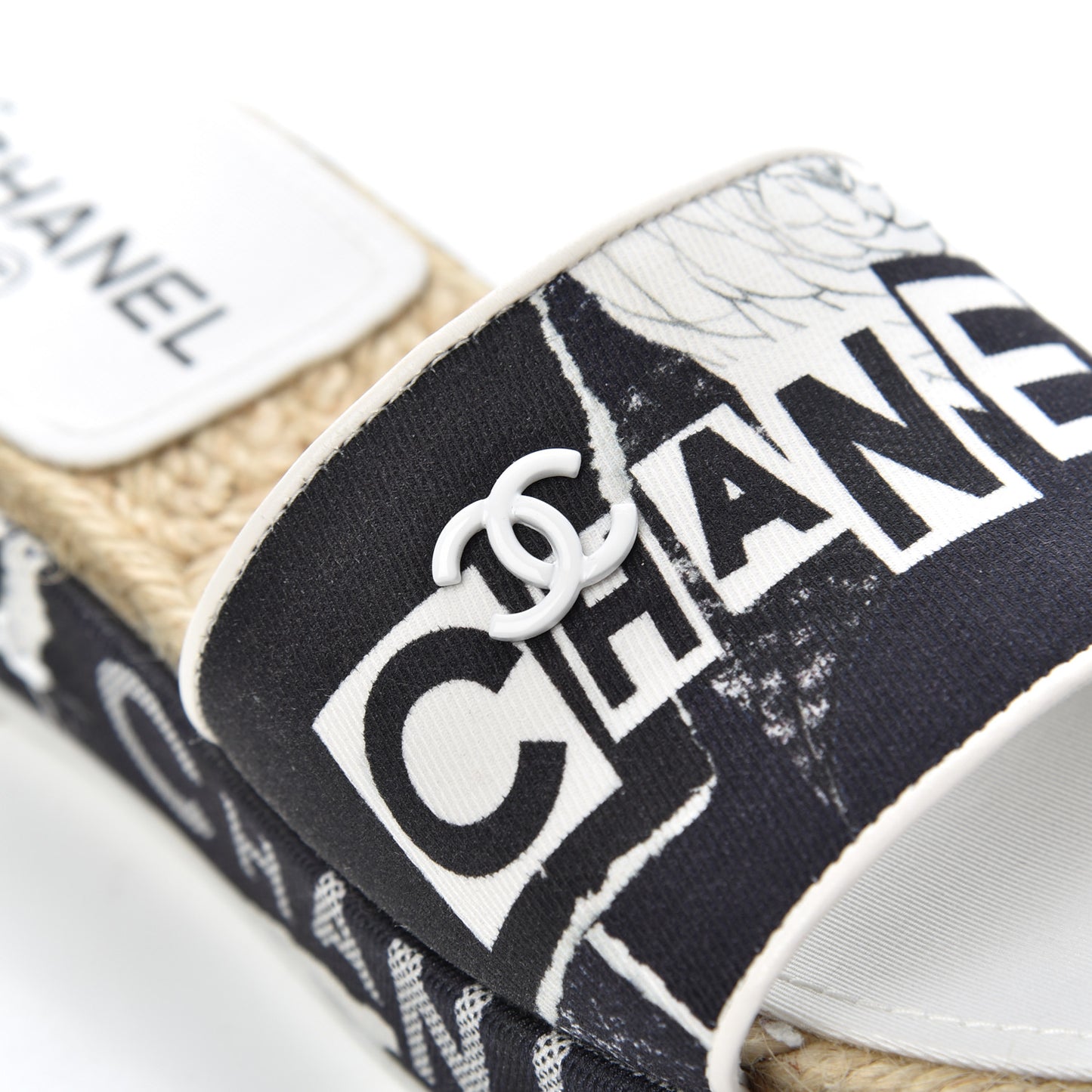 Fabric Grosgrain Printed CC Espadrille Slip On Sandals 36 White Black