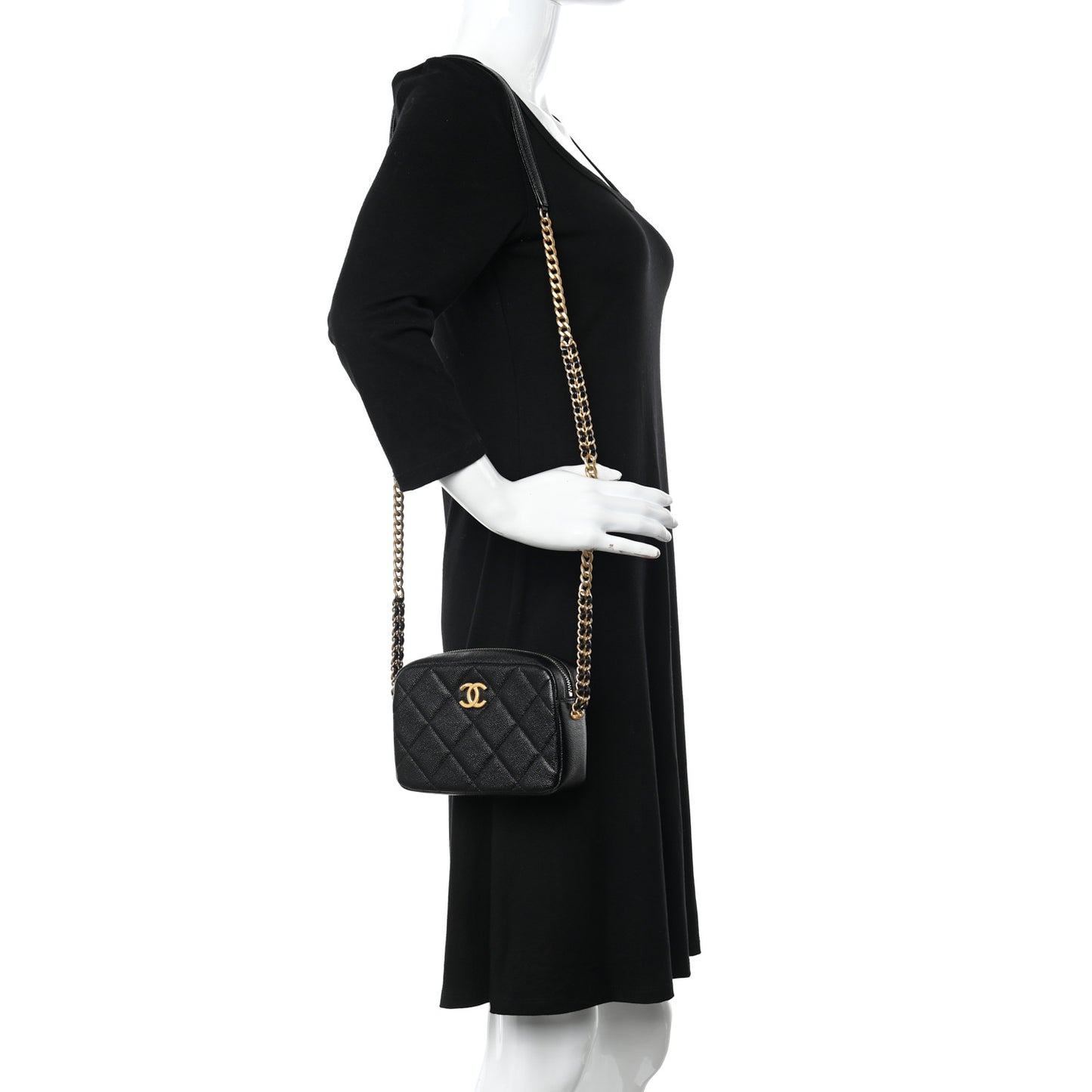 Shiny Caviar Quilted Chain Melody Camera Bag Black