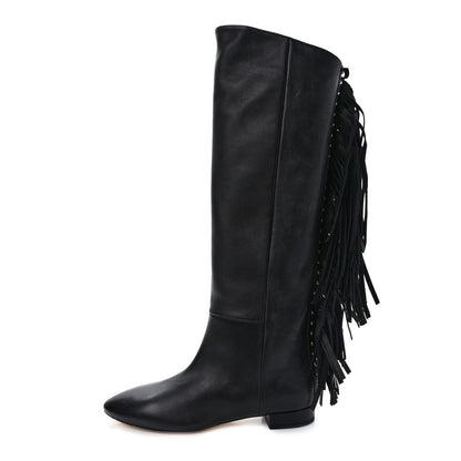 Saint Laurent Calfskin Dana Knee High Fringed Boots 36 Black 1 of 8