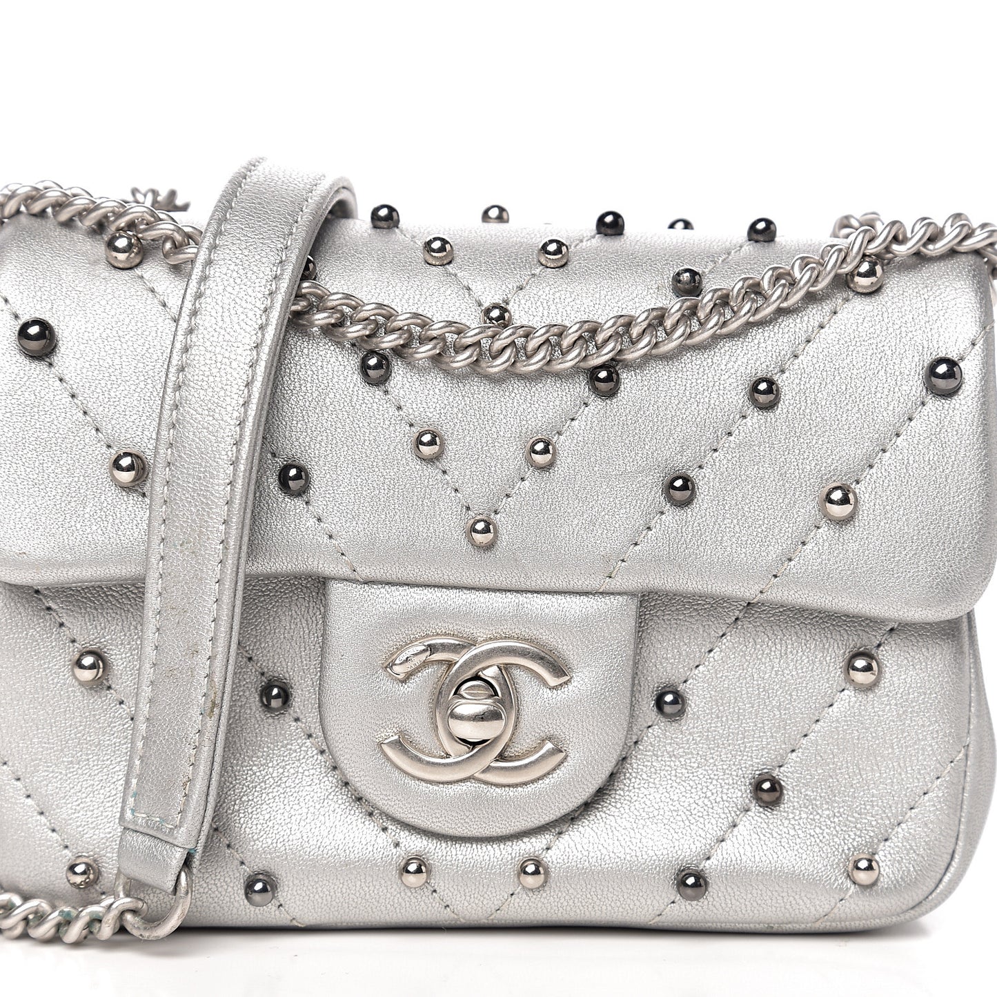 Metallic Lambskin Chevron Quilted Studded Mini Flap Silver