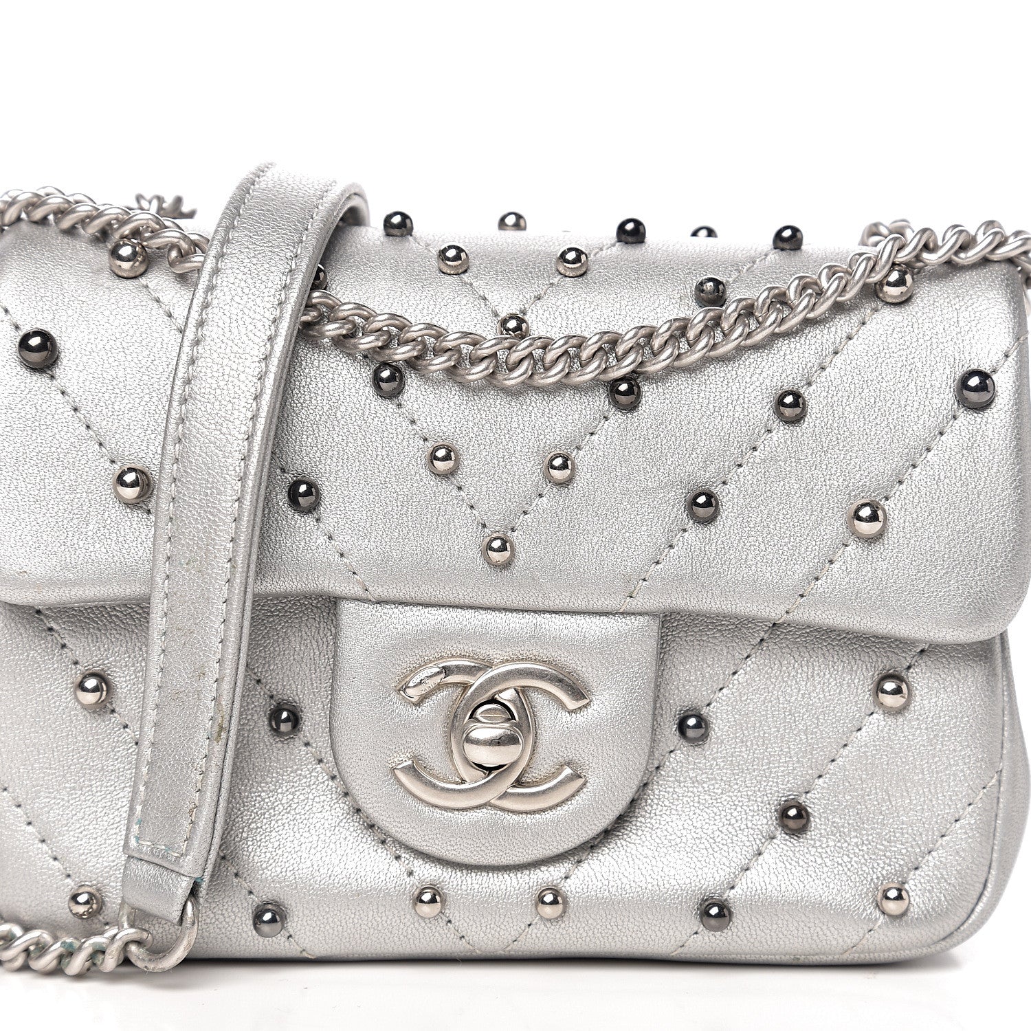 Chanel Metallic Lambskin Chevron Quilted Studded Mini Flap Silver 10 of 10
