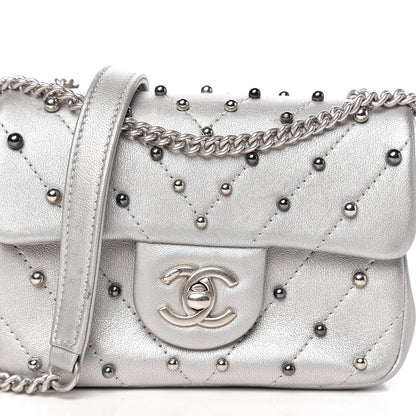 Chanel Metallic Lambskin Chevron Quilted Studded Mini Flap Silver 10 of 10