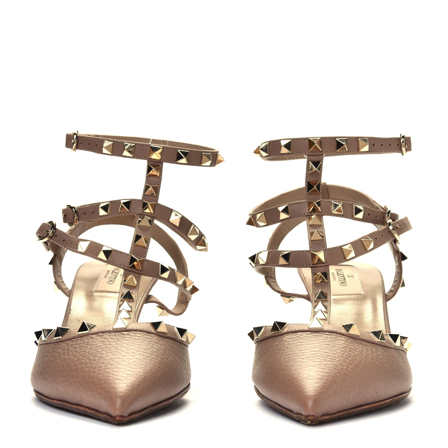 Pebbled Calfskin Rockstud Ankle Strap Low Heel Pumps 40.5 Poudre