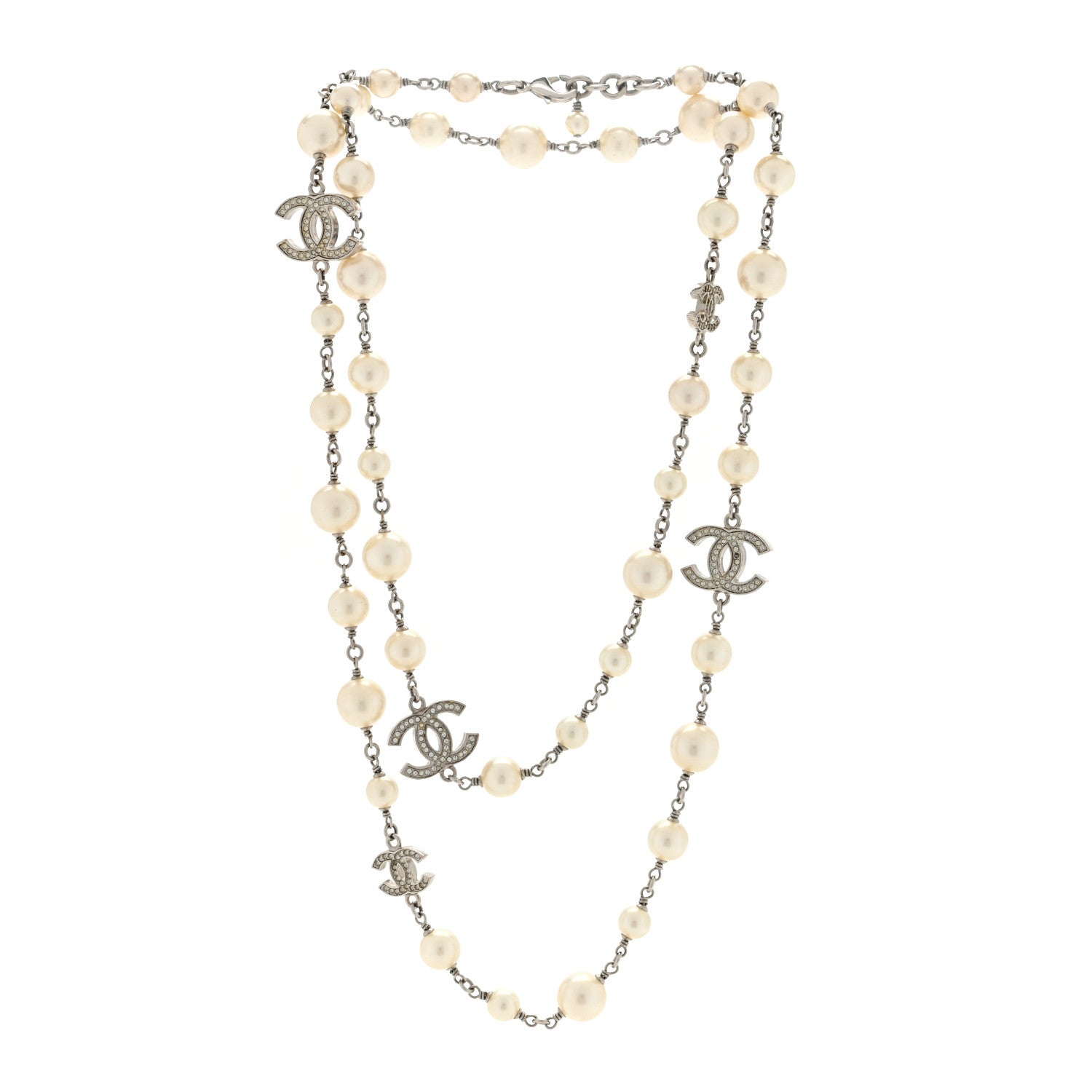 Chanel Crystal Pearl CC Long Necklace Silver 3 of 4