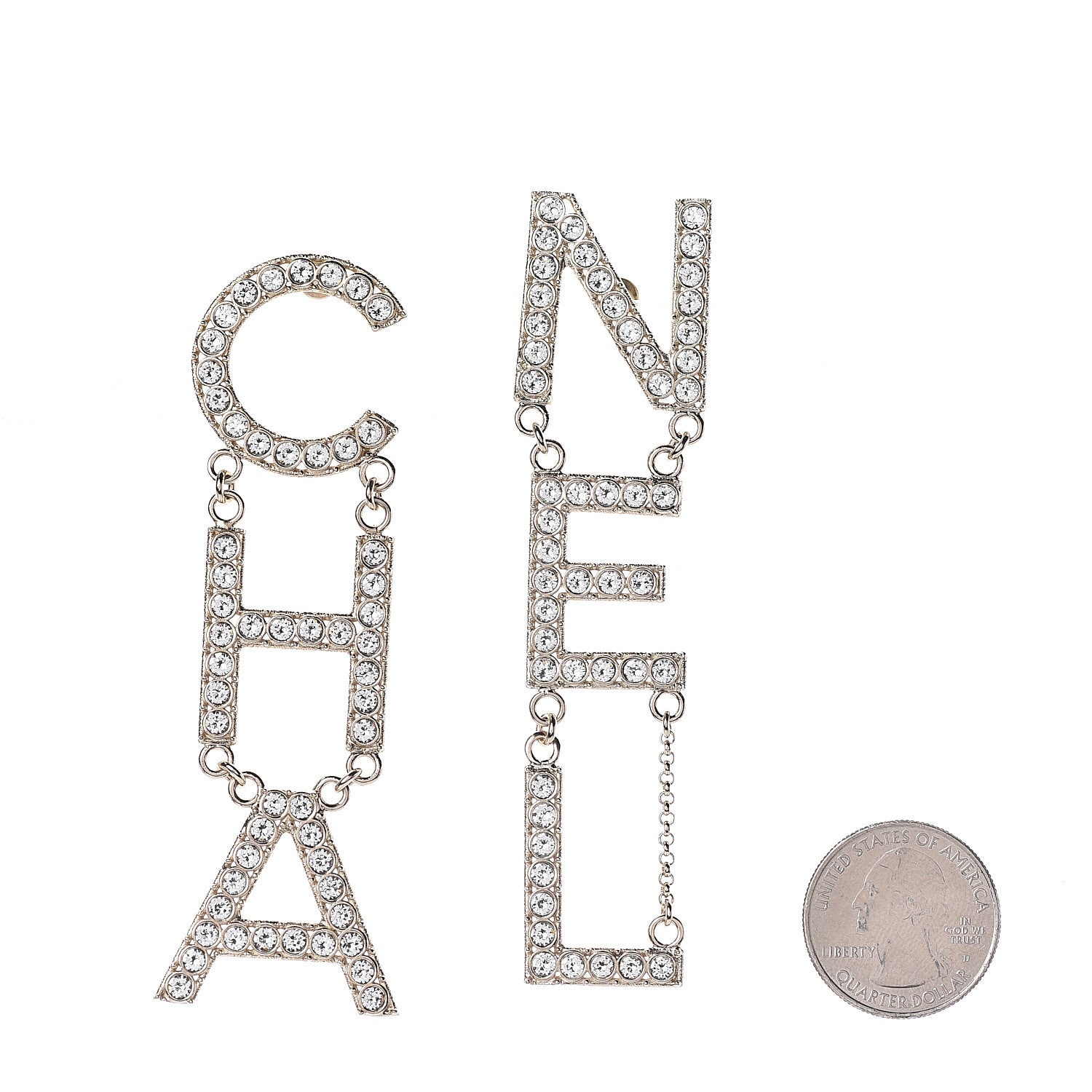 Chanel Crystal Cha-Nel Logo Drop Earrings Gold 2 of 3