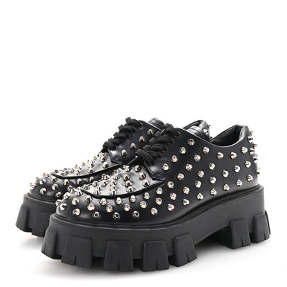 Prada Spazzolato Rois Studded Lace Up Monolith 55mm Derby Loafers 38 Black 3 of 9
