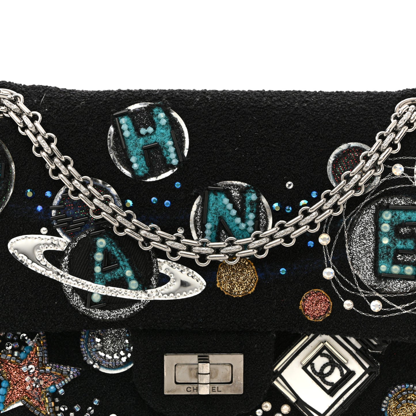 Boucle Tweed Crystal Bead Embellished Space Charms 2.55 Reissue 225 Flap Black Multicolor