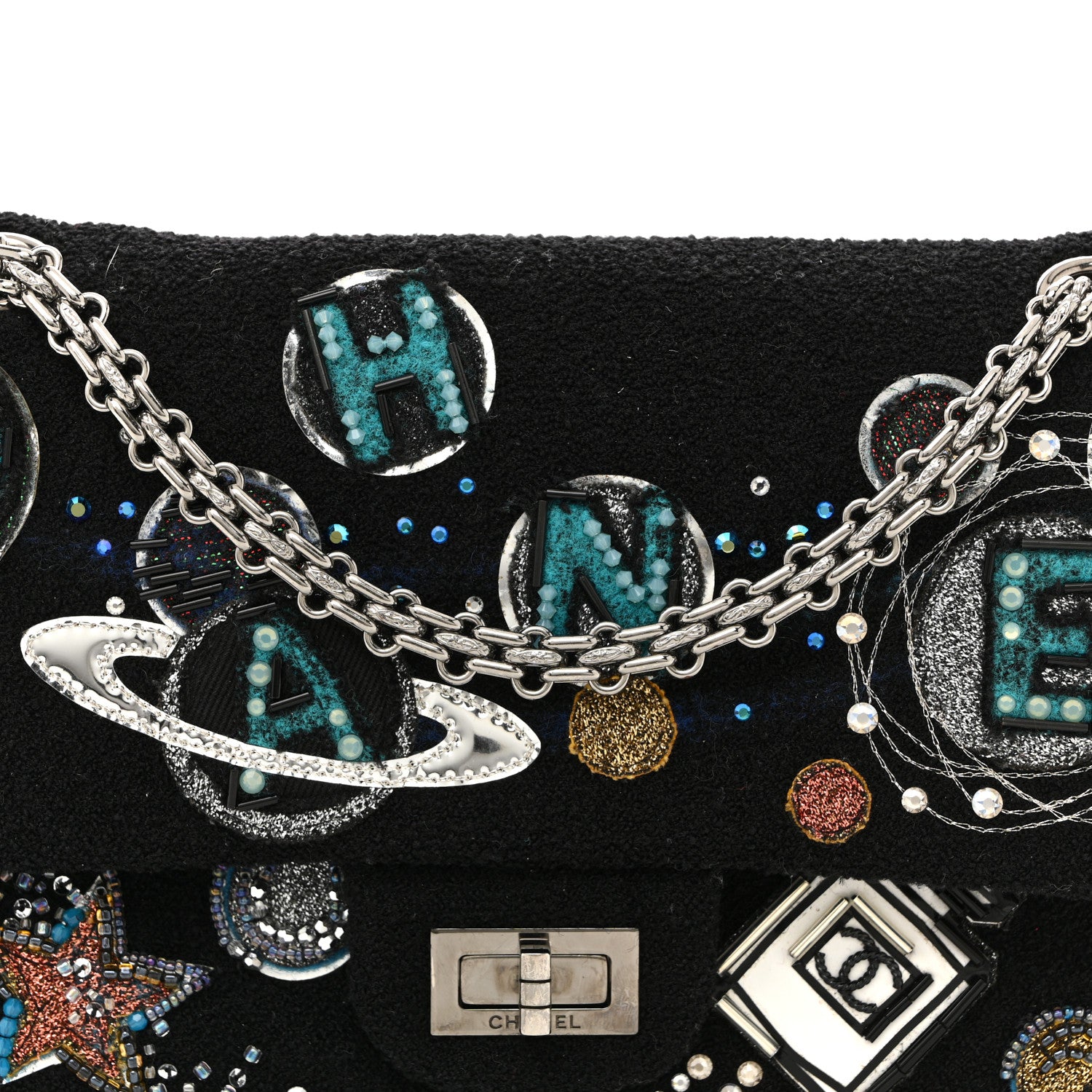 Chanel Boucle Tweed Crystal Bead Embellished Space Charms 2.55 Reissue 225 Flap Black Multicolor 8 of 12