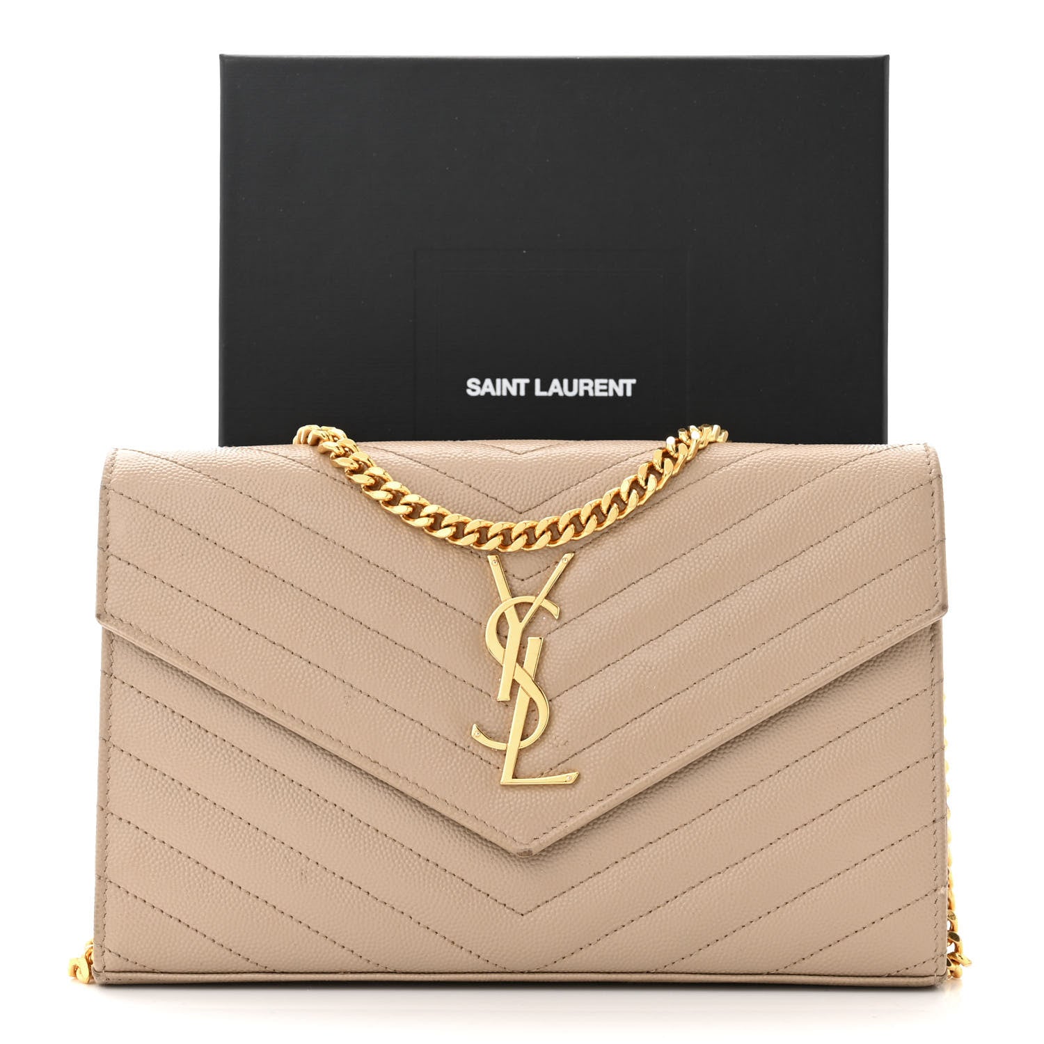 Saint Laurent Grain De Poudre Matelasse Chevron Monogram Chain Wallet Dark Beige 17 of 17