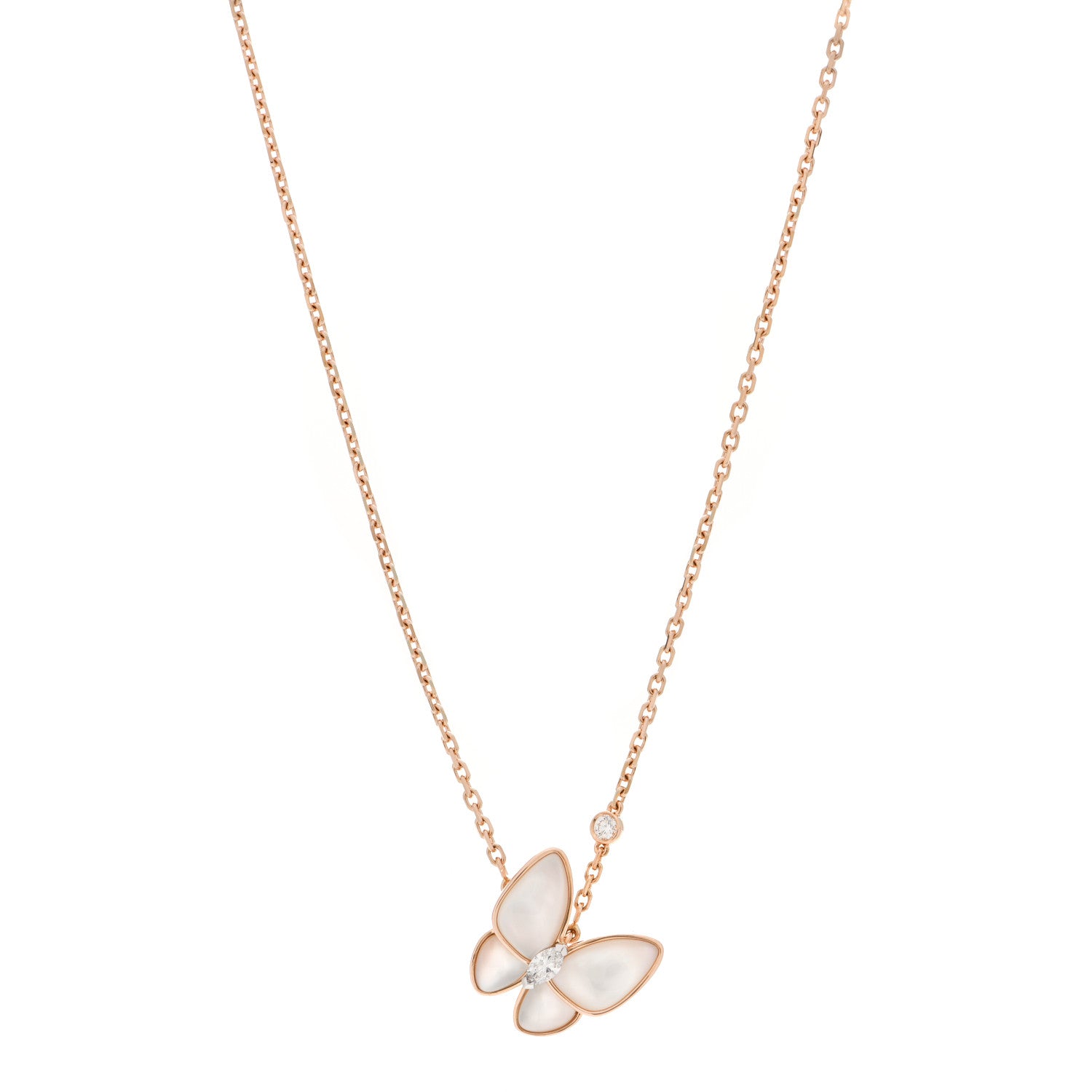 Van Cleef & Arpels 18K Rose Gold Diamond Mother of Pearl Two Butterfly Pendant Necklace 1 of 5