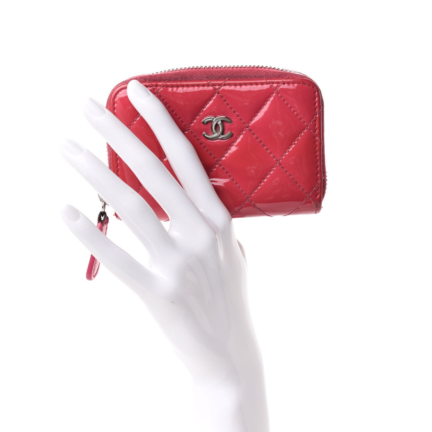 Patent Calfskin Quilted Zip Coin Purse Dark Pink