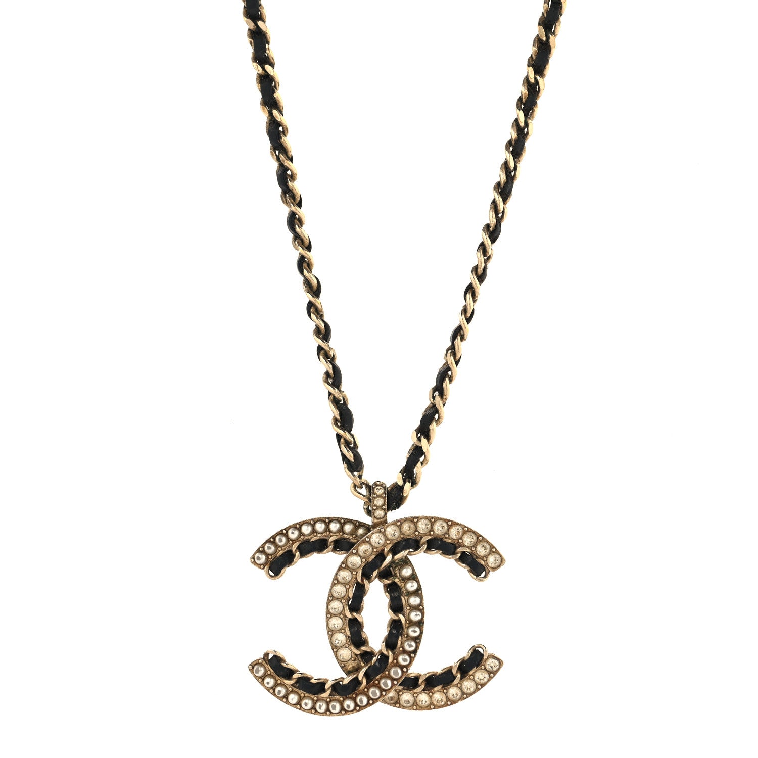 Chanel Metal Pearl Crystal Lambskin CC Chain Necklace Gold Black White 1 of 5