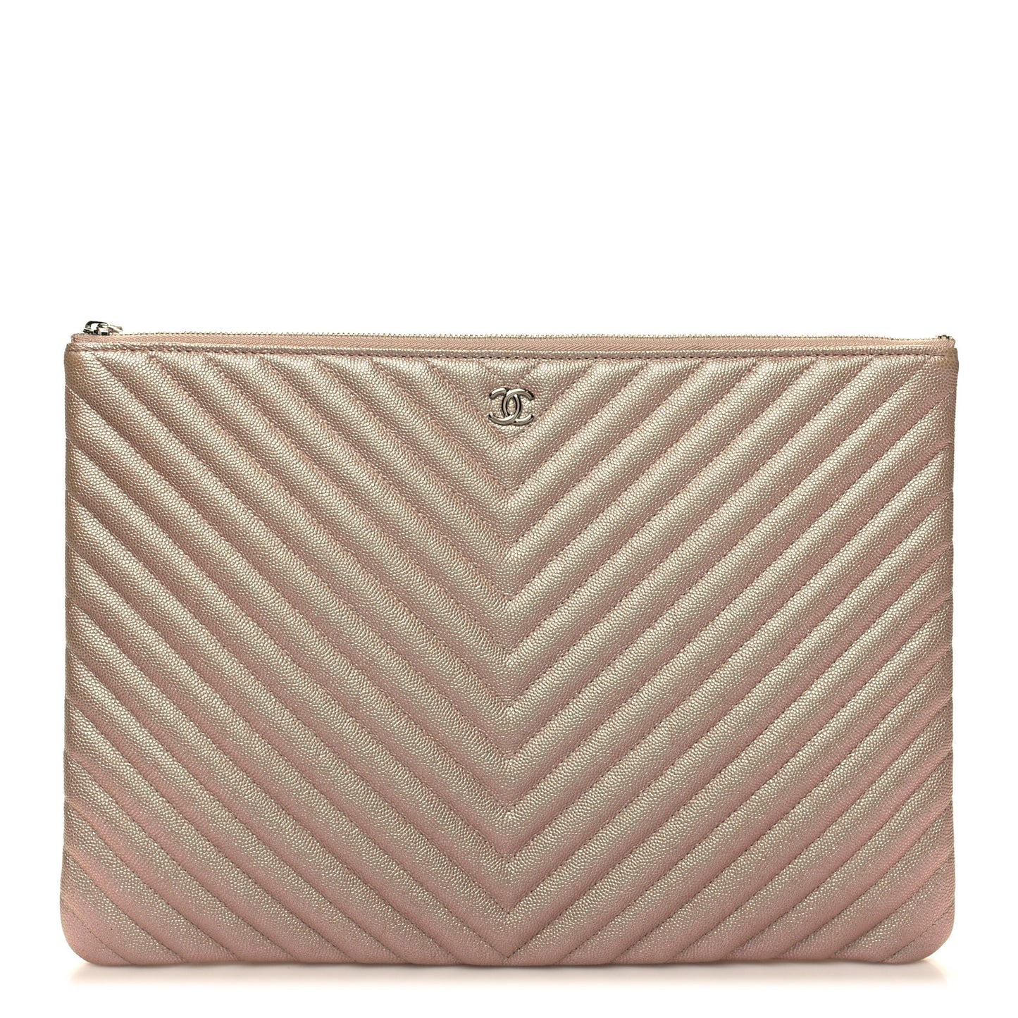 Iridescent Caviar Chevron Quilted Medium Cosmetic Case Light Gold
