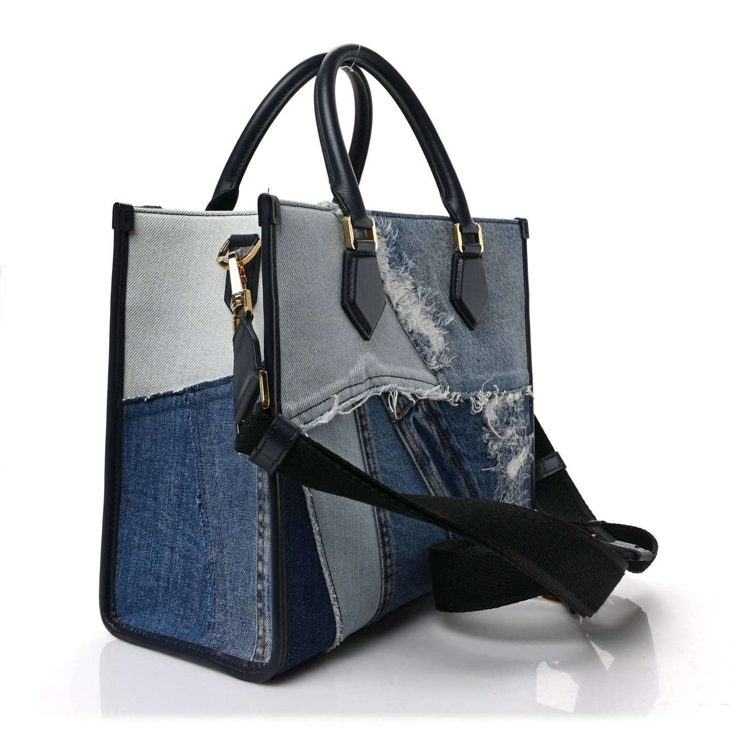 Calfskin Denim Patchwork Logo Shopper Tote Blue