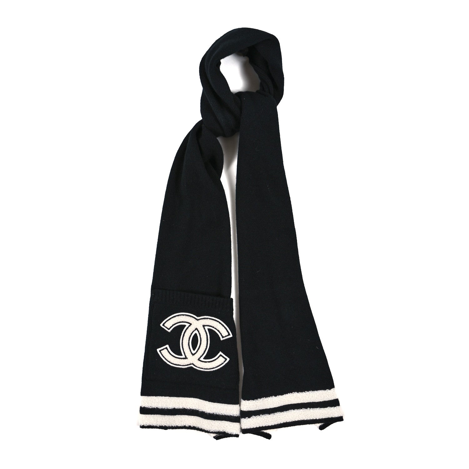 Chanel Cashmere Knit CC Scarf Black White 1 of 3