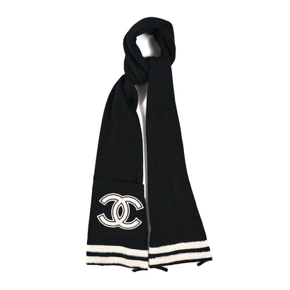 Chanel Cashmere Knit CC Scarf Black White 1 of 3
