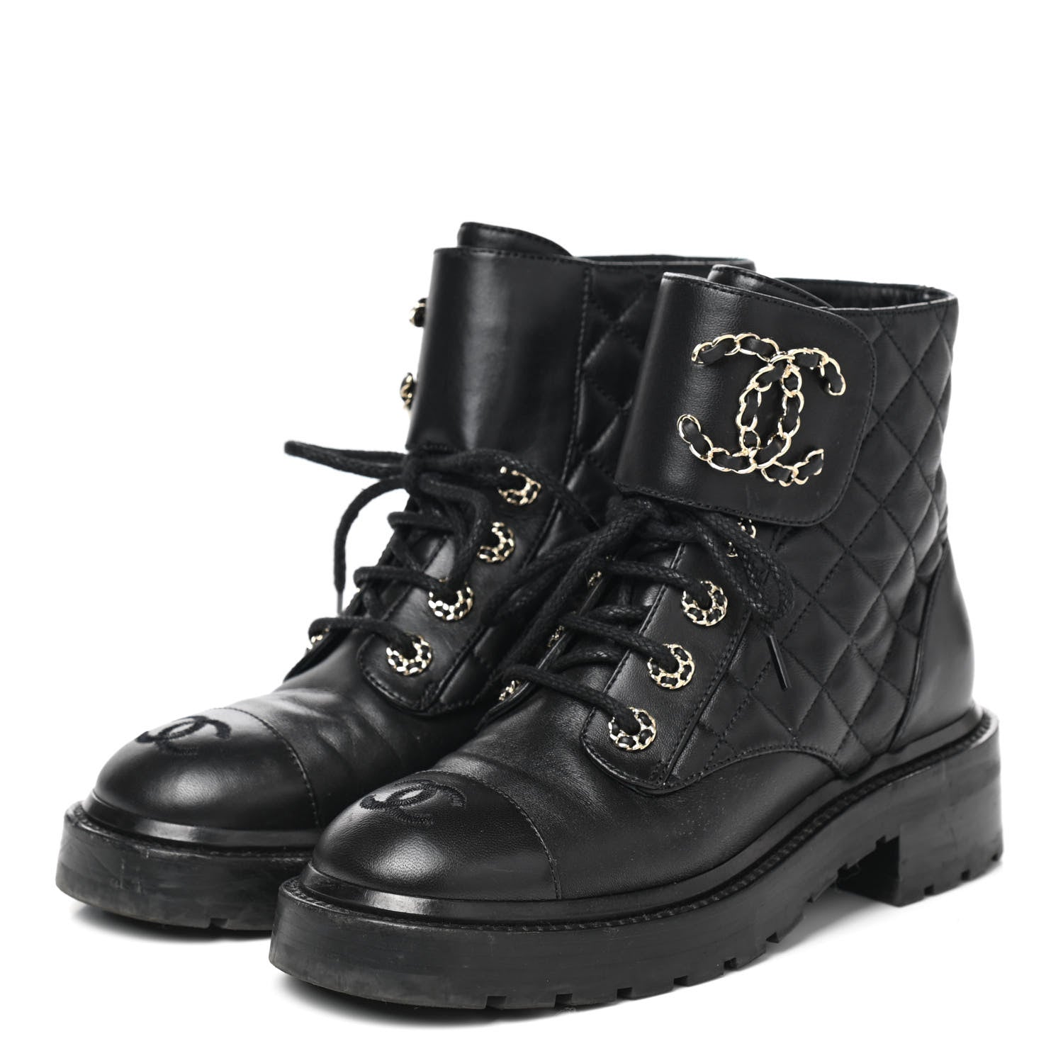 Chanel Shiny Lambskin Quilted Lace Up Combat Boots 35 Black 3 of 11