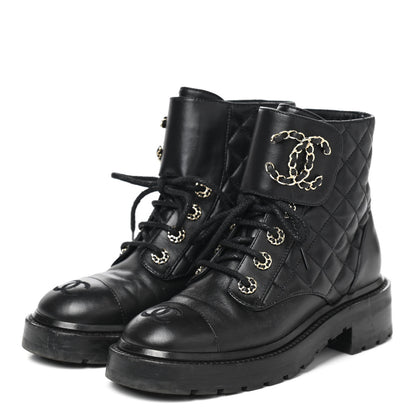 Chanel Shiny Lambskin Quilted Lace Up Combat Boots 35 Black 3 of 11
