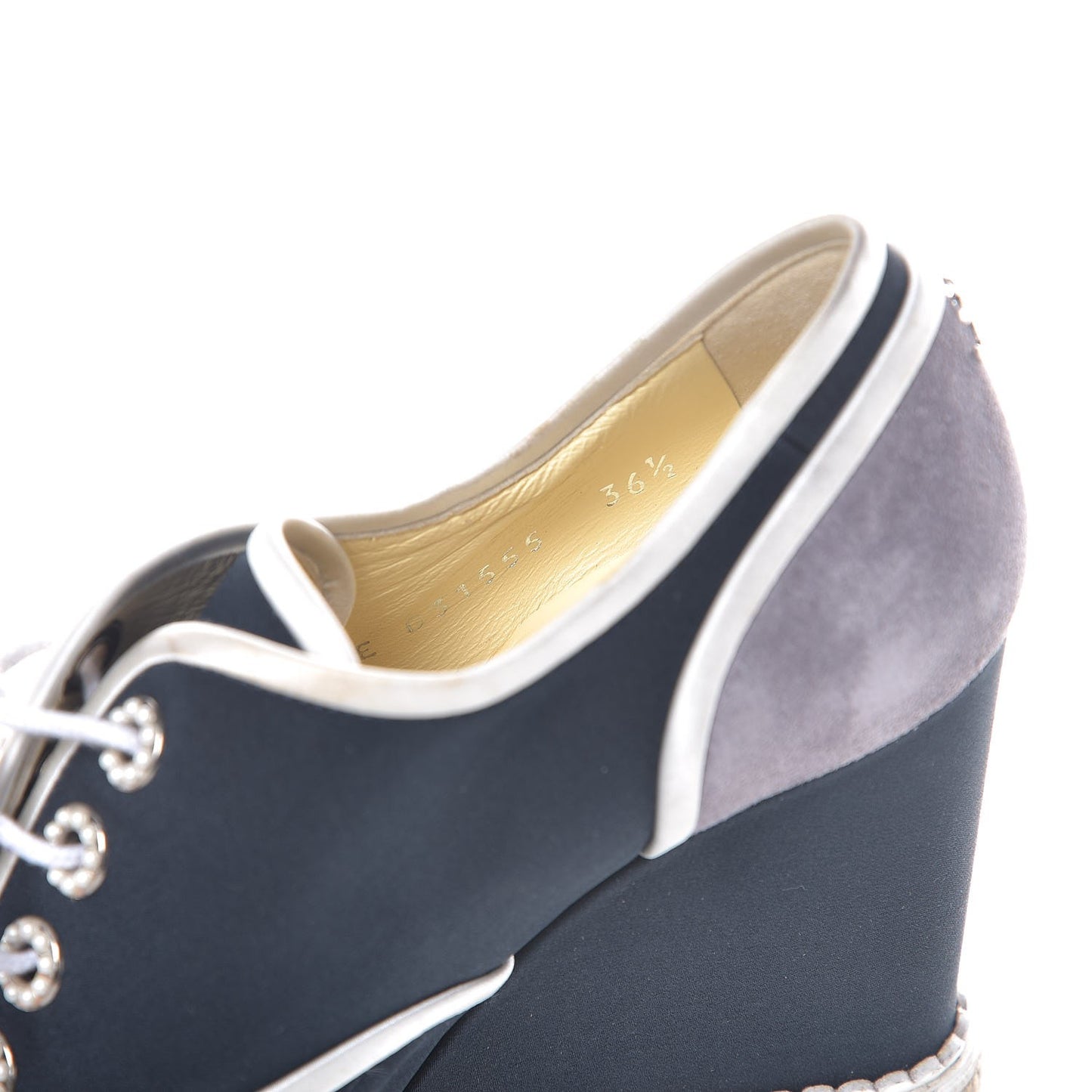 Silk Crepe Suede Calfskin Lace Up Wedge Espadrilles 36.5 Navy Grey