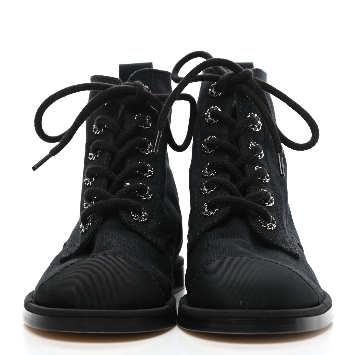 Chanel Cotton Grosgrain Cap Toe CC Lace Up Boots 37 Black 2 of 7