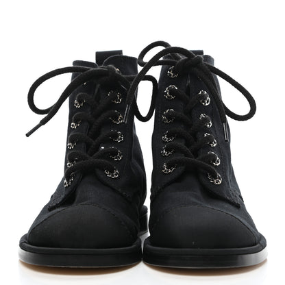 Chanel Cotton Grosgrain Cap Toe CC Lace Up Boots 37 Black 2 of 7