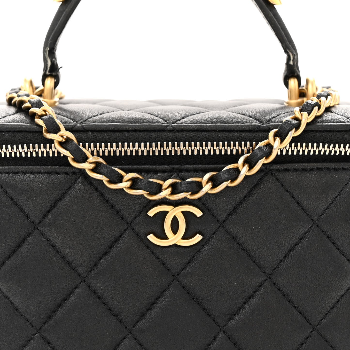 Lambskin Quilted Metal Small Top Handle Vanity Case With Chain Black