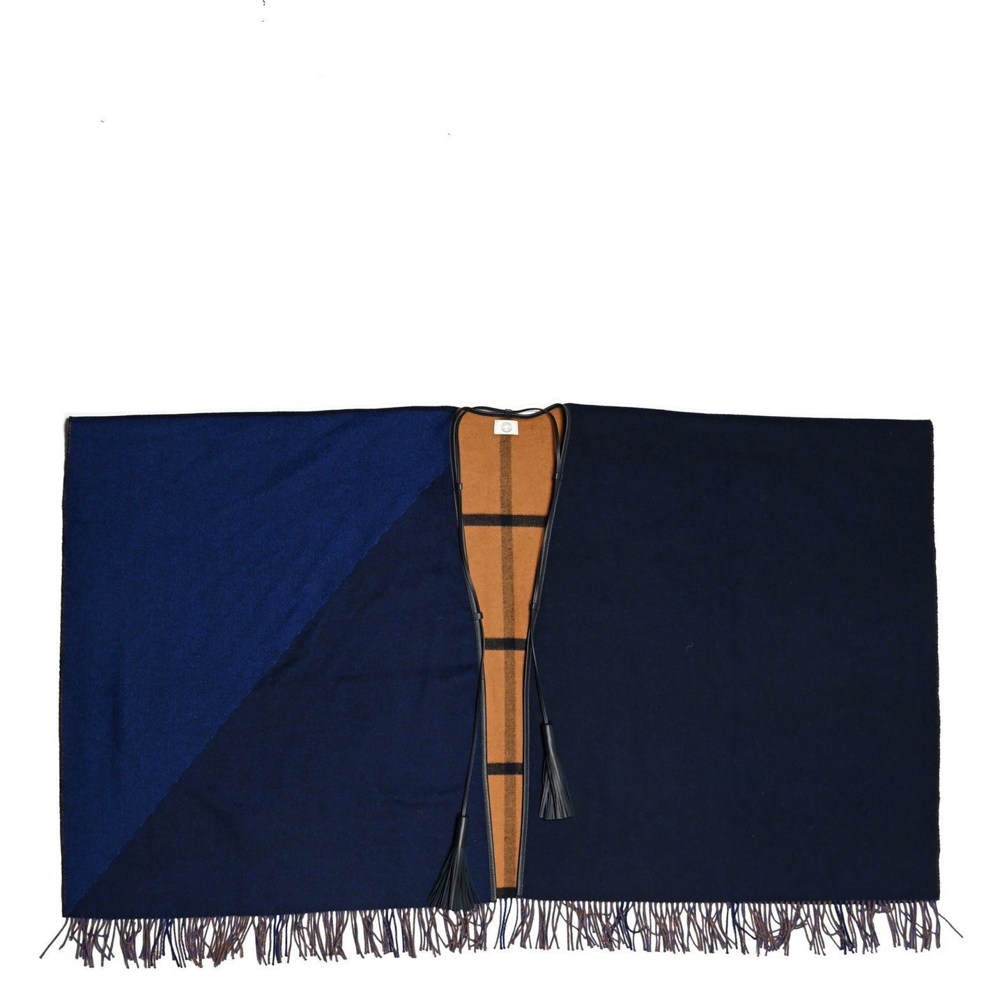 Wool Calfskin Reversible Highlands Poncho Navy Royal Fauve