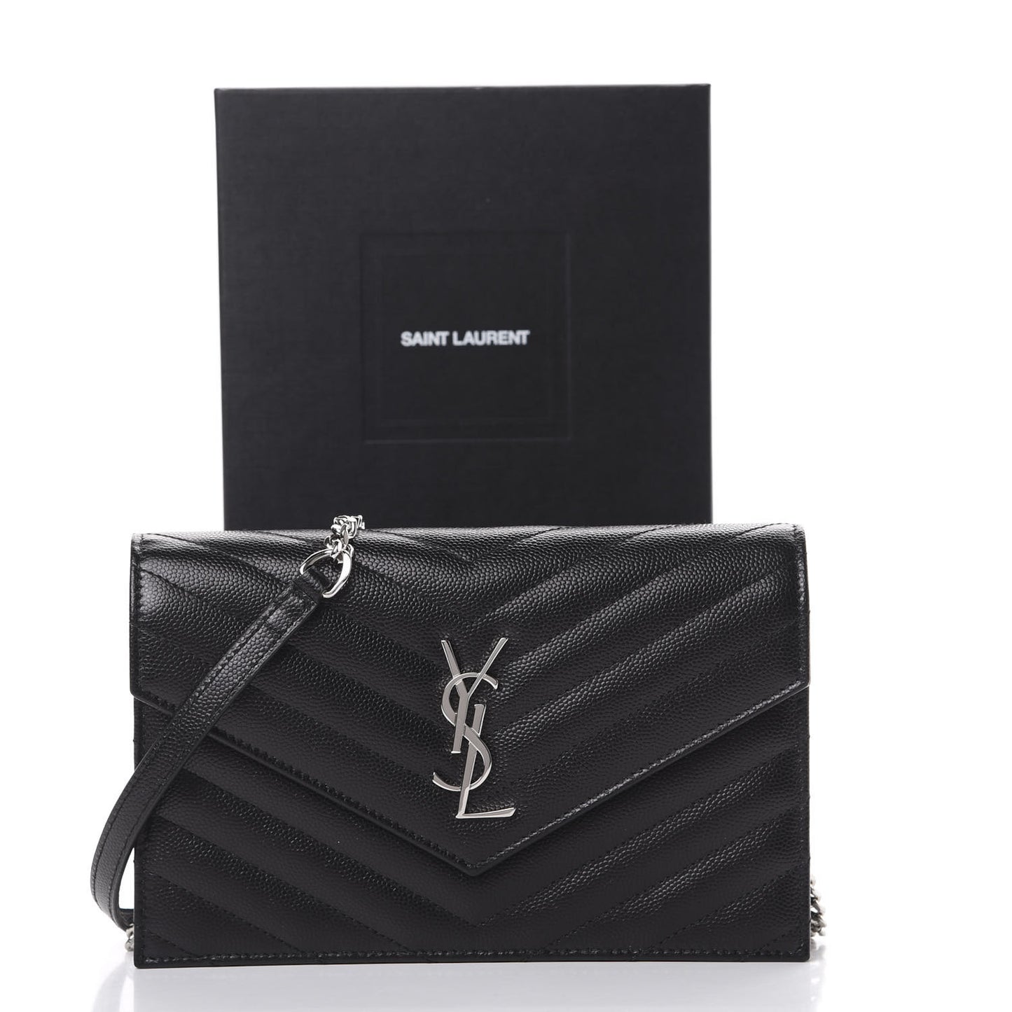 Grain De Poudre Matelasse Chevron Monogram Envelope Chain Wallet Black